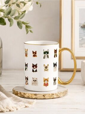 Rifle Paper Co. Cool Cats Ceramic Mug W/Gold Handle 4.5” In Height Cat Lover